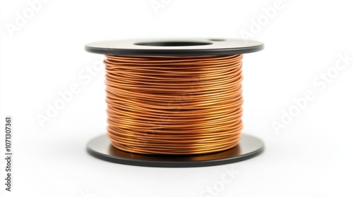 Electrical wire spool with copper wires, isolated on white, perfect for installation and DIY themes photo