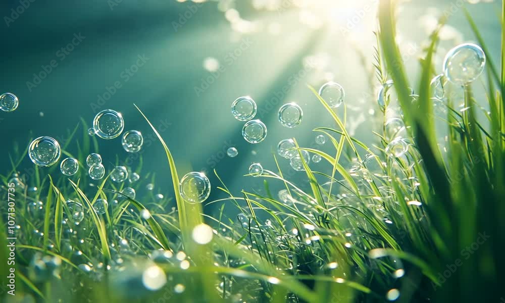Bubbles Floating Through Lush Green Grass Bubbles Floating Through Lush Green Grass
