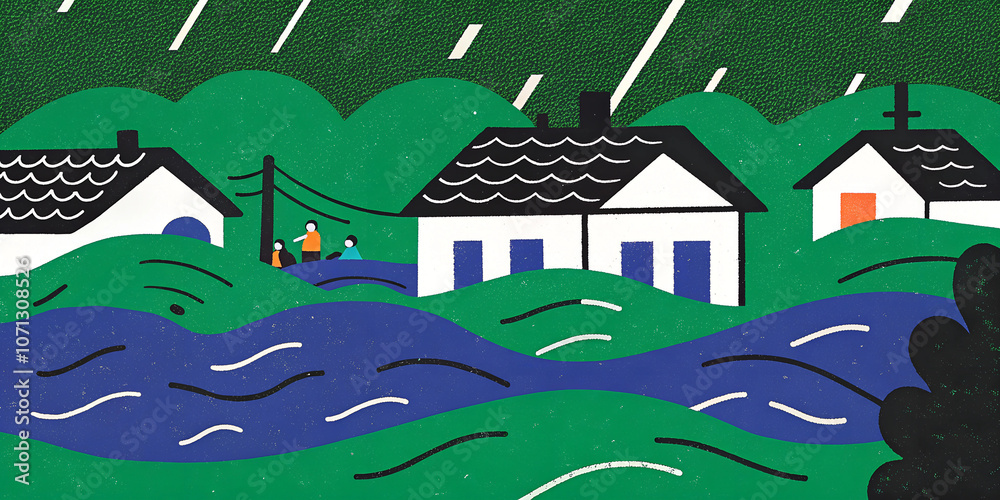 Naklejka premium Flooded Village During Heavy Rainstorm with Houses and Rising Water