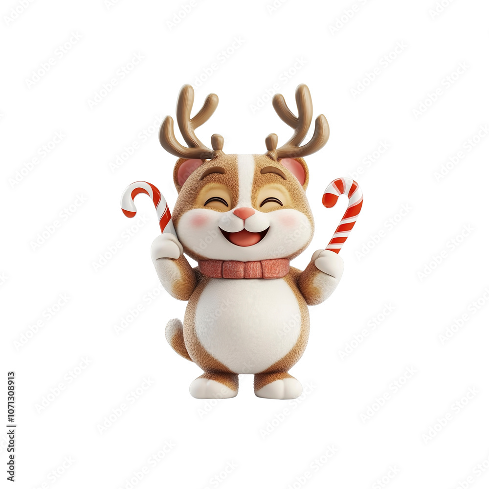 Obraz premium Cute Reindeer Character Holding Candy Canes for Christmas