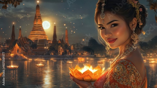 A beautiful Thai woman in Loy Krathong festival scene. photo