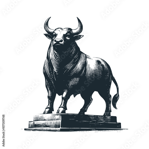 Horned bull standing firm. Black white vector illustration.