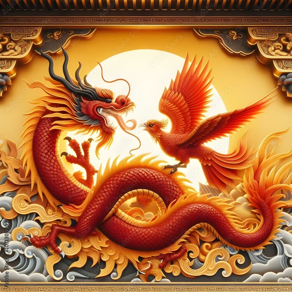 Fototapeta premium Vermilion Bird and Dragon Harmony