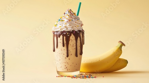 Chocolate Drizzled Banana Milkshake with Sprinkles