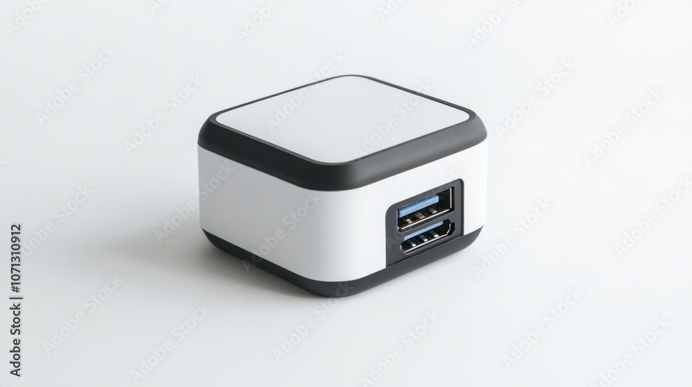 Portable AC adapter with USB ports, isolated on white, ideal for travel and connectivity needs Portable AC adapter with USB ports, isolated on white, ideal for travel and connectivity needs