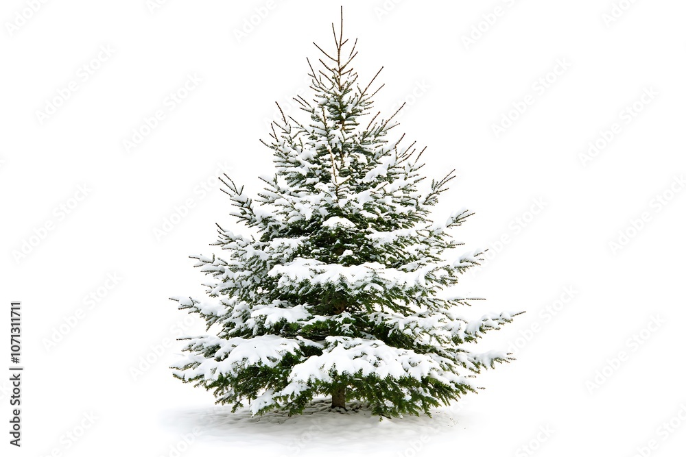 Winter Christmas fir tree covered with snow isolated on white background.