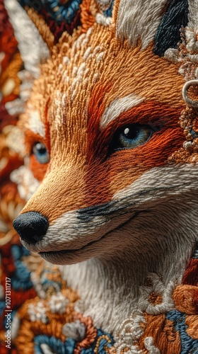 ** Intricate Embroidered Fox Portrait Showcasing Detailed Craftsmanship and Vibrant Colors in Textile Art..** photo