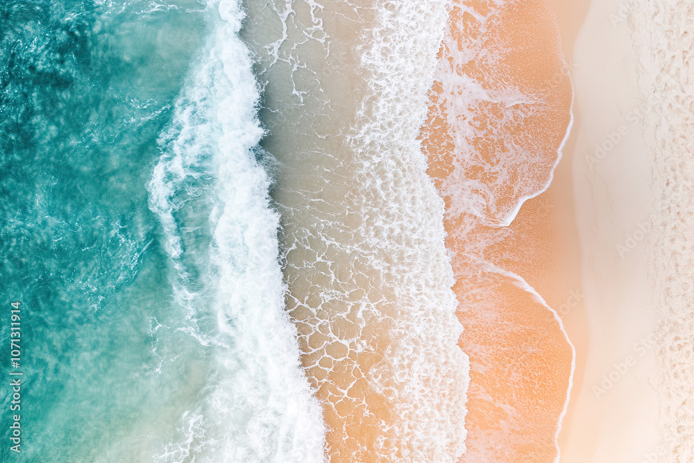 Fototapeta premium Drone photograph of tropical sea sand beach, Aerial shot shoreline coastline photographs, turquoise water white sands, bird's eye view survey