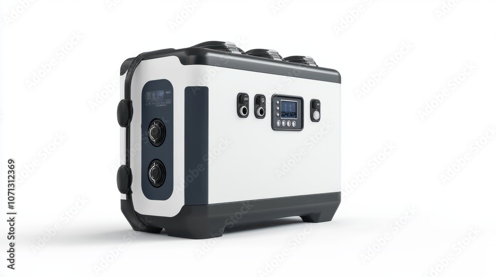 Portable power generator with multiple outlets, isolated on white, symbolizing power backup equipment Portable power generator with multiple outlets, isolated on white, symbolizing power backup equipment