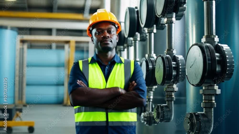 African man in yellow hat standing in front of valve wall African man in yellow hat standing in front of valve wall