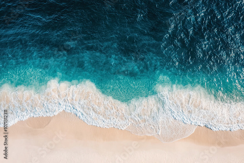 Drone photograph of tropical sea sand beach, Aerial shot shoreline coastline photographs, turquoise water white sands, bird's eye view survey