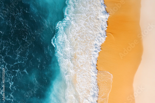 Drone photograph of tropical sea sand beach, Aerial shot shoreline coastline photographs, turquoise water white sands, bird's eye view survey