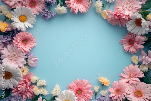 Pastel Floral Border with Daisies and Gerberas on Light Blue Background