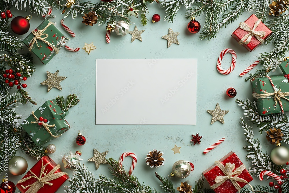 Fototapeta premium Christmas background with decorations on wooden background. Top view with copy space