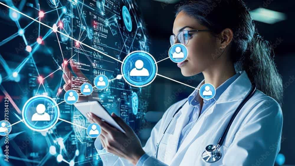 A female scientist in a white lab coat looks at a tablet that displays a complex data network.