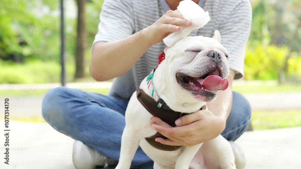 Asian man using wet tissue paper wipe his french bulldog breed during walking together at pets friendly dog park. Domestic dog with owner enjoy outdoor lifestyle on summer vacation. Pet parent concept