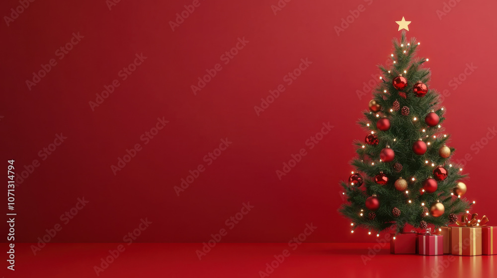Christmas Elements, small Christmas tree decorated with red and gold ornaments, glowing lights, and star on top, surrounded by colorful presents against red background Christmas Elements, small Christmas tree decorated with red and gold ornaments, glowing lights, and star on top, surrounded by colorful presents against red background