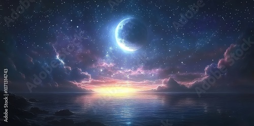 A crescent moon hangs in a starry night sky over a calm ocean, with a faint glow of sunset on the horizon.