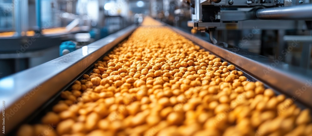 Close-up of a conveyor belt with a stream of orange, puffed snacks moving along it. Close-up of a conveyor belt with a stream of orange, puffed snacks moving along it.