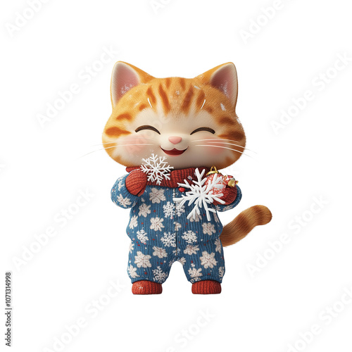 Cute Cat in Winter Pajamas Holding Snowflakes