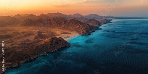 Aerial drone photograph beautiful sunset horizon, seascape ocean scene, epic background landscape photo, bird's eye view
