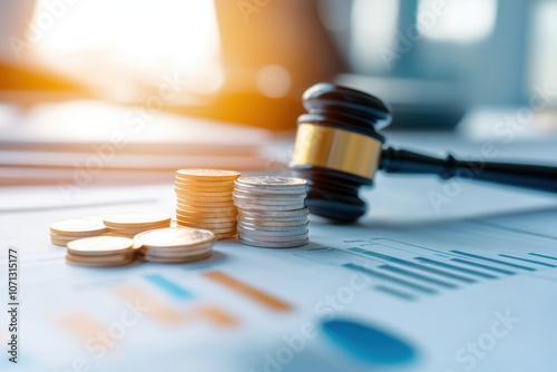 A gavel rests beside stacks of coins and financial documents, symbolizing the connection between law and finance in a business context.