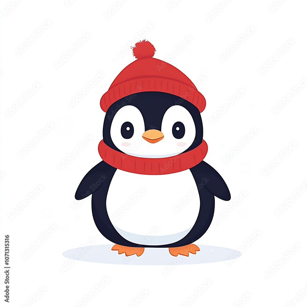 Obraz premium Cute Winter Penguin With Red Hat Adorable Illustration for Children : Generative AI