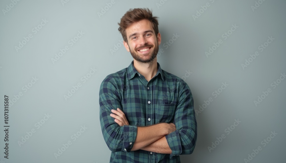 A smiling man with his arms crossed, wearing a green checkered shirt, stands confidently against a plain gray background. The image emphasizes casual confidence and a positive attitude. A smiling man with his arms crossed, wearing a green checkered shirt, stands confidently against a plain gray background. The image emphasizes casual confidence and a positive attitude.