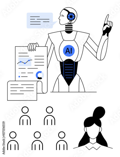 AI robot presenting data with charts and graphics, addressing audience, woman symbolizing leadership. Ideal for technology, artificial intelligence, data analysis, education, business presentations