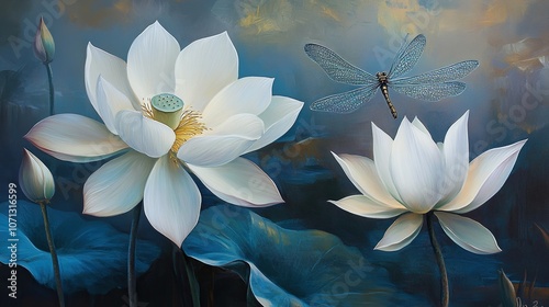 Fine art beautyful white lotus flowers with dragonfly in lake photo