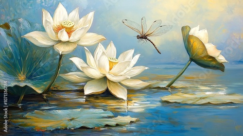 Fine art beautyful white lotus flowers with dragonfly in lake  photo