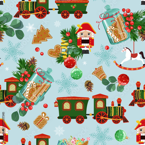 Christmas seamless pattern with Nutcrackers, steam locomotive toy, gifts, New Year's toys on a blue background. For kids apparel, home design, wrapping paper