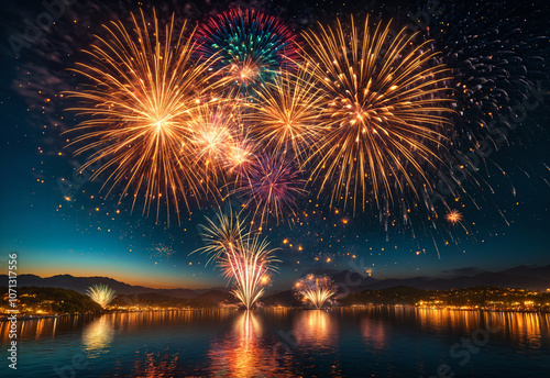 A breathtaking fireworks show with multi colored explosions filling the night sky, reflecting off nearby water. Bright streaks of light and sparkles create a dynamic and joyful festive atmosphere