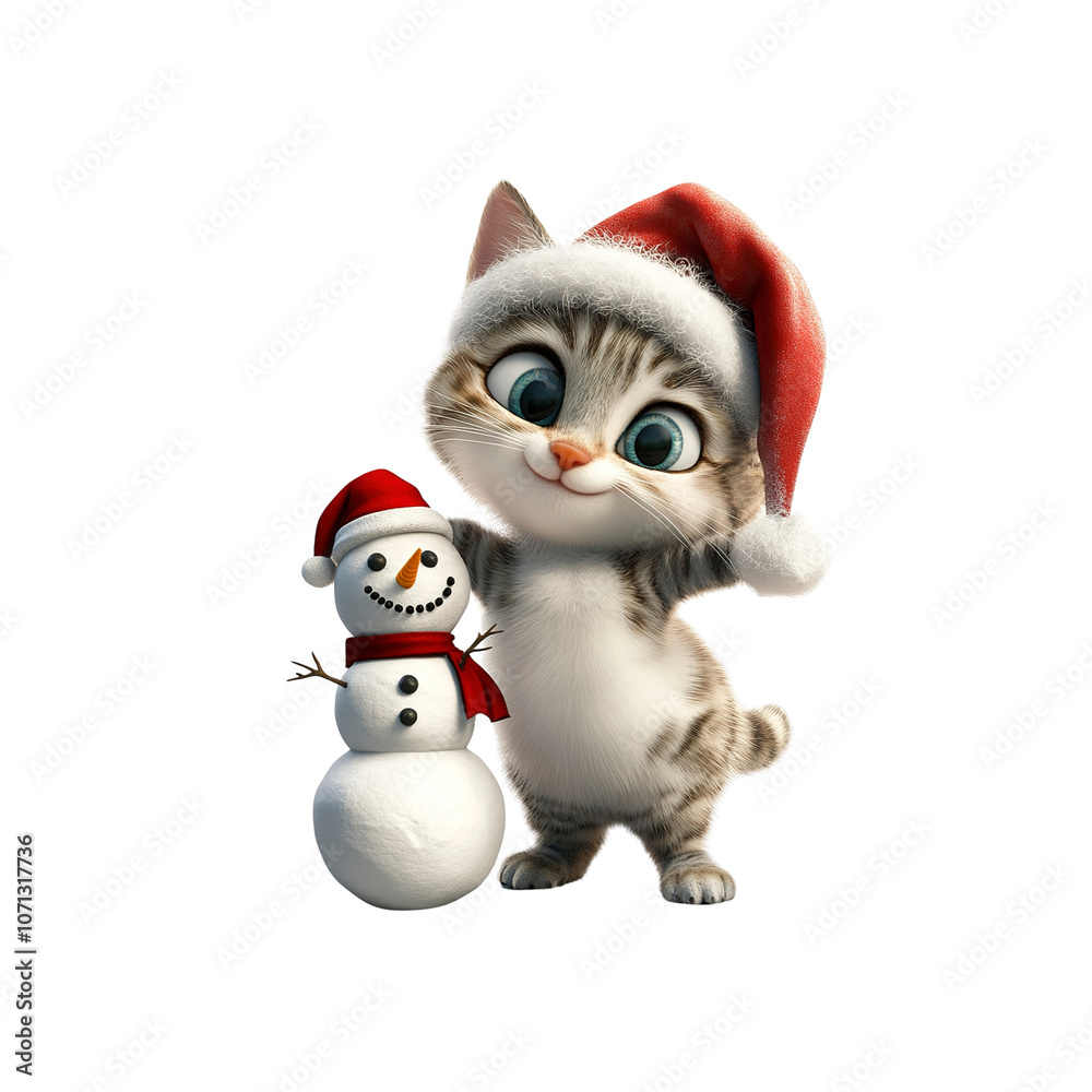 Cute Cat in Santa Hat with Snowman Cute Cat in Santa Hat with Snowman