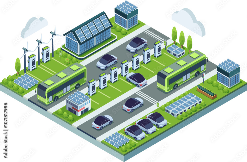 Isometric Sustainable Transportation Hub with Electric Vehicles Isometric Sustainable Transportation Hub with Electric Vehicles
