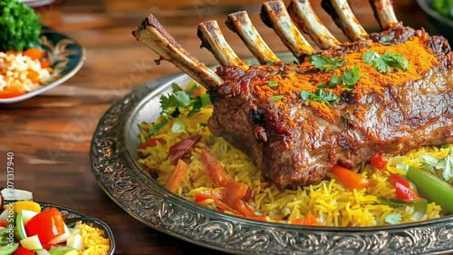 Islamic food. golden-brown rack of lamb with two long bones protruding from the center is placed on top of colorful saffron rice and vibrant vegetables on an ornate silver plate. photo