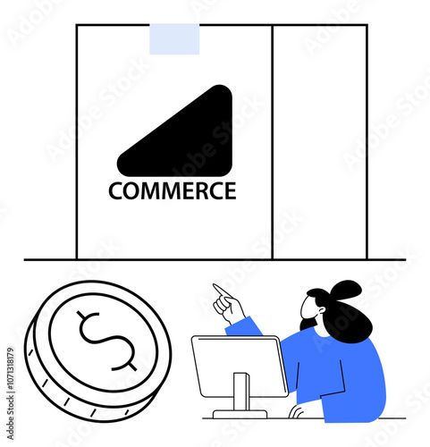 Woman at desk pointing at screen with commerce sign and dollar coin. Ideal for business, trade, finance, e-commerce, marketing, economics, online shopping. Line metaphor