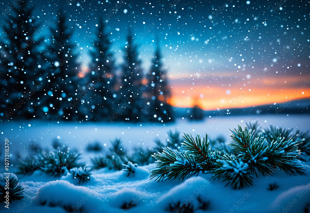 Naklejka premium Delicate, frosty snowflakes drifting through a glowing, ethereal winter sky. The background is a gradient of cool blue hues, dotted with twinkling light orbs, resembling a festive, frozen dreamscape