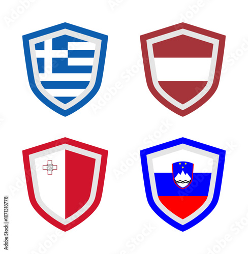 vector set of shield icon badge - flag nation (greece, latvia, malta, slovenia)