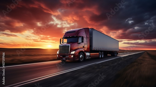 A majestic semi-truck speeds along a highway at sunset, traversing a vast and scenic landscape