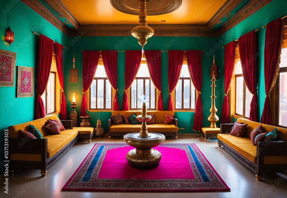 Fototapeta premium A vibrant Indian living room with colorful rugs, intricate tapestries and ornate, gold-leaf frames around the walls. The room is filled with rich, jewel tones like emerald green, ruby red and sapphire