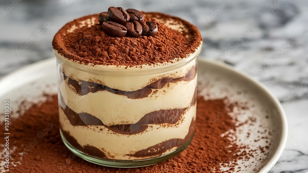 Classic Italian tiramisu dessert with cocoa powder, ladyfingers, and coffee beans in glass jar on marble surface Classic Italian tiramisu dessert with cocoa powder, ladyfingers, and coffee beans in glass jar on marble surface