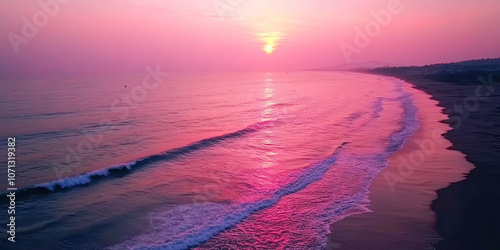 Aerial drone photograph pink sunset, coastline seascape photography, minimal beautiful background wallpaper