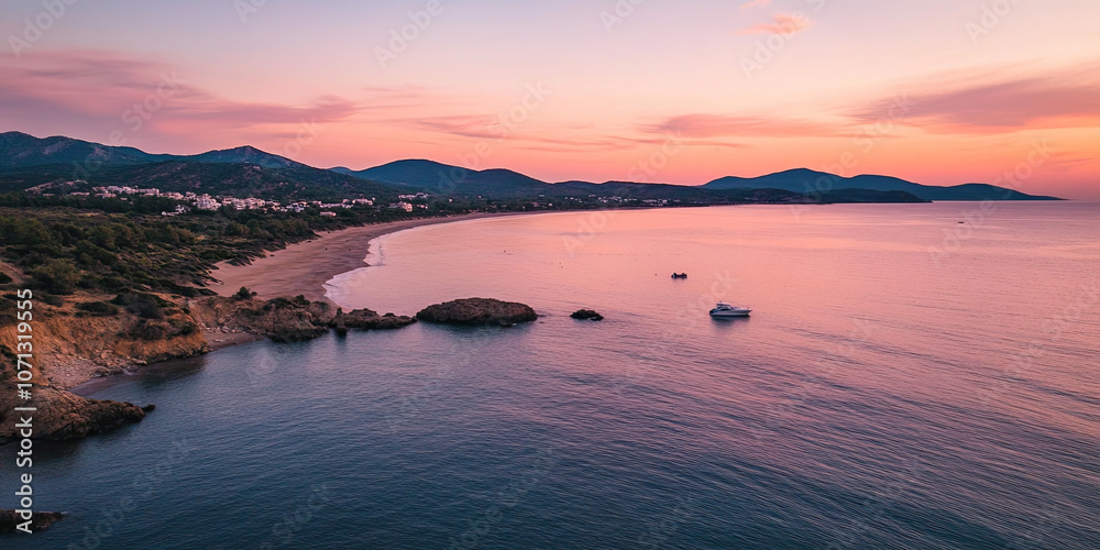 Fototapeta premium Aerial drone photograph pink sunset, coastline seascape photography, minimal beautiful background wallpaper