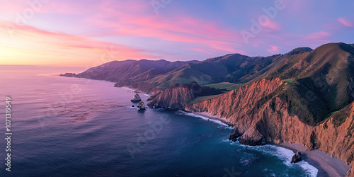 Aerial drone photograph pink sunset, coastline seascape photography, minimal beautiful background wallpaper