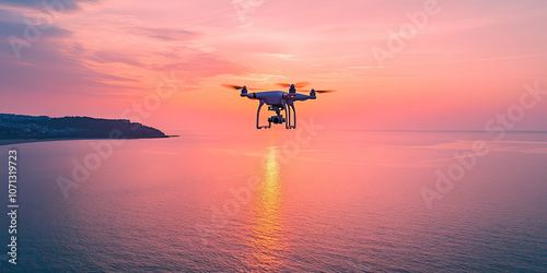 Aerial drone photograph pink sunset, coastline seascape photography, minimal beautiful background wallpaper