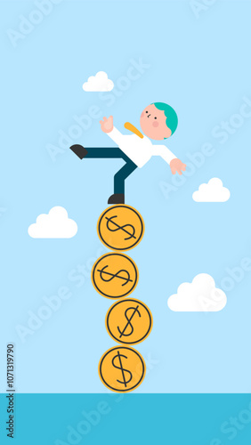 Financial instability, uncertainty or unstable investment market, risky situation or economic recession, crisis or bankruptcy concept, businessman investor falling from stack of unstable money coins.