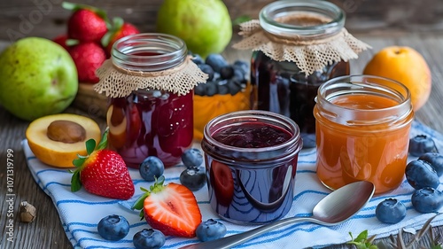 Homemade jam assortment with jars of strawberry, blueberry, and apricot jam, fresh fruit, and spoon on rustic cloth