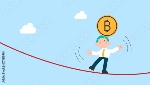 Bitcoin and cryptocurrency high volatility, risk management for fluctuation of digital financial asset concept. Businessman acrobat trying to maintain bitcoin on his head.