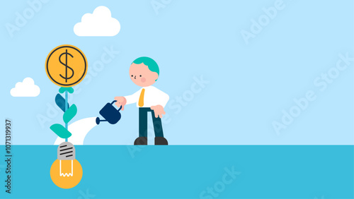 make profit from creativity or innovation, earn money thinking, startup or fund raising concept, smart business watering on growing money coin seedling plant from lightbulb idea.